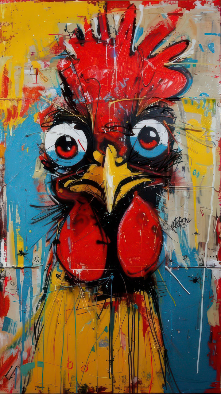 Colorful pop art rooster canvas with vibrant reds, blues, and yellows on premium material