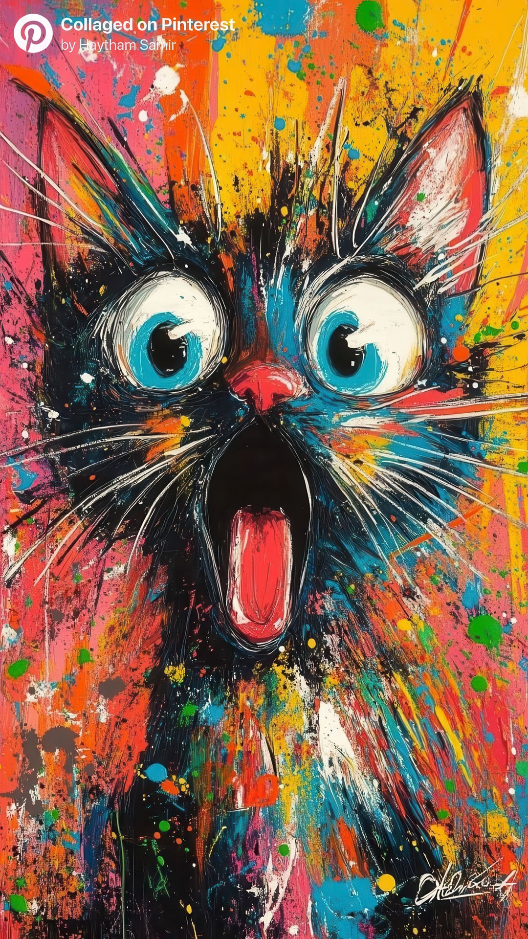 Colorful abstract cat portrait on vibrant pop art canvas with bold brush strokes and bright colors