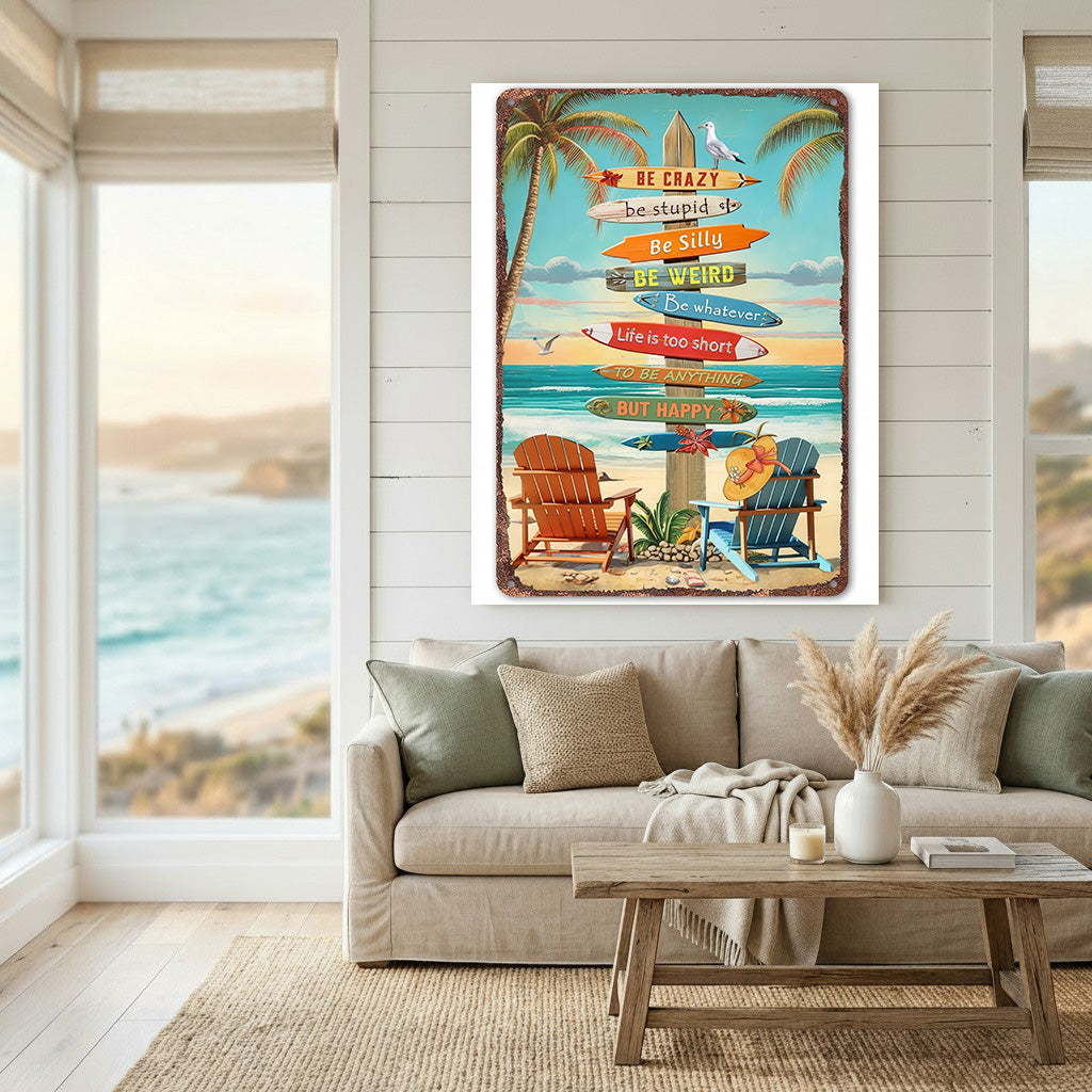 Colorful beach sign quote coastal wall art with palm trees and ocean waves in MDF frame