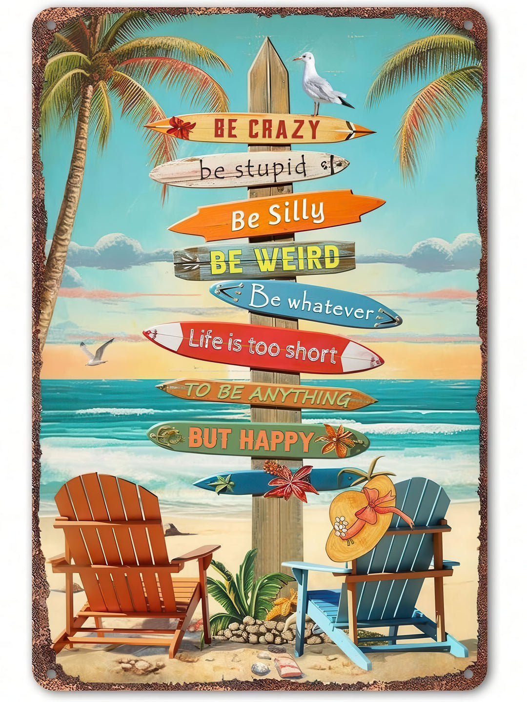 Colorful beach sign quote coastal wall art with palm trees and ocean waves in MDF frame