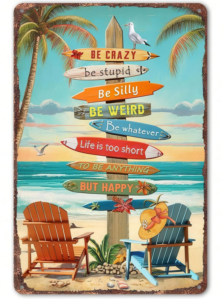 Colorful beach sign quote coastal wall art with palm trees and ocean waves in MDF frame