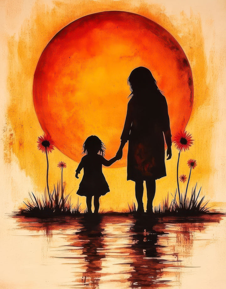 Mother and daughter sunset silhouette canvas artwork with warm orange sun and reflective water