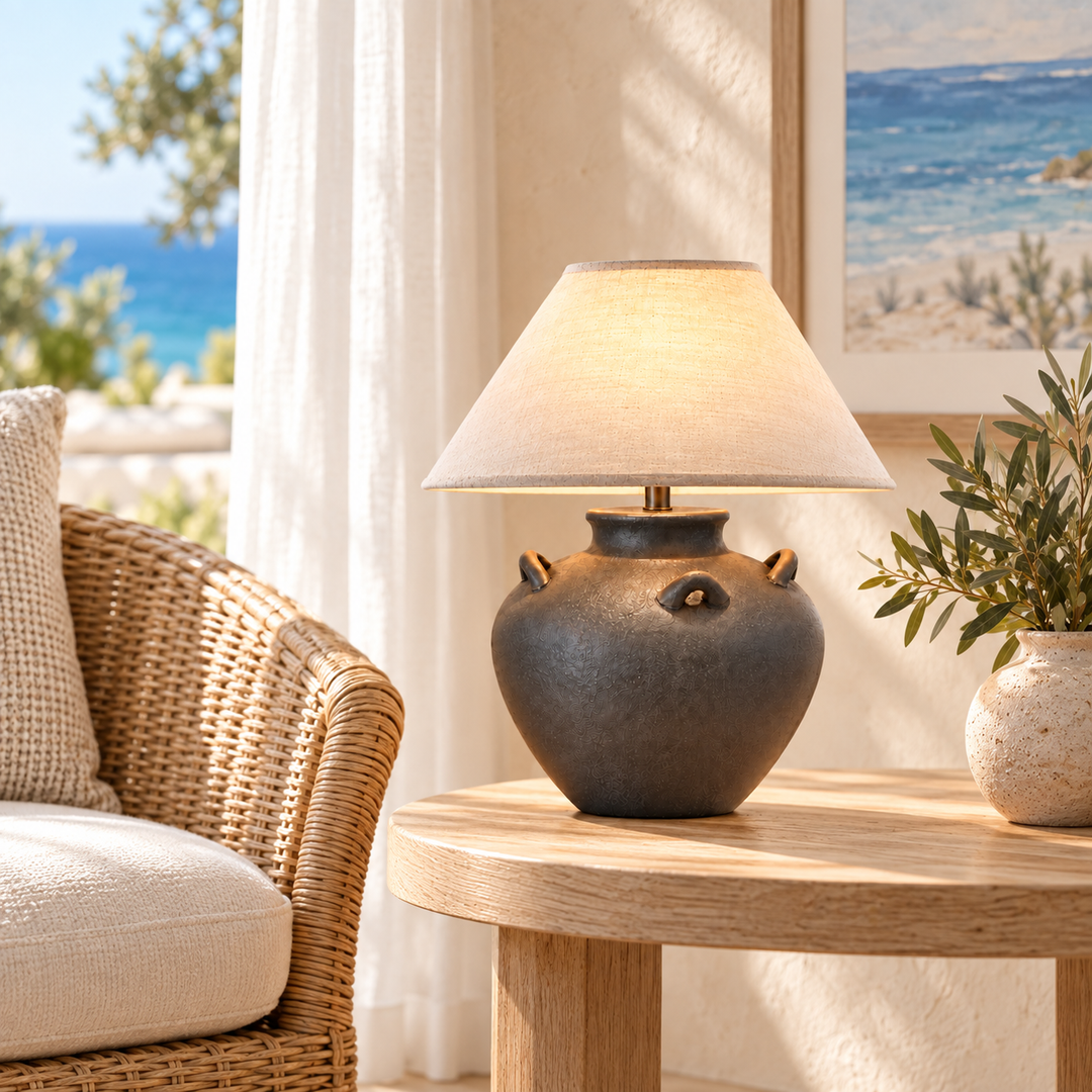 Rustic Charcoal Ceramic Table Lamp with Black Shade