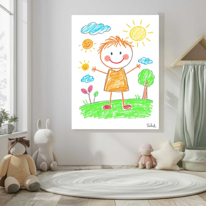 Colorful kids crayon drawing of a smiling child outdoors on canvas with MDF frame