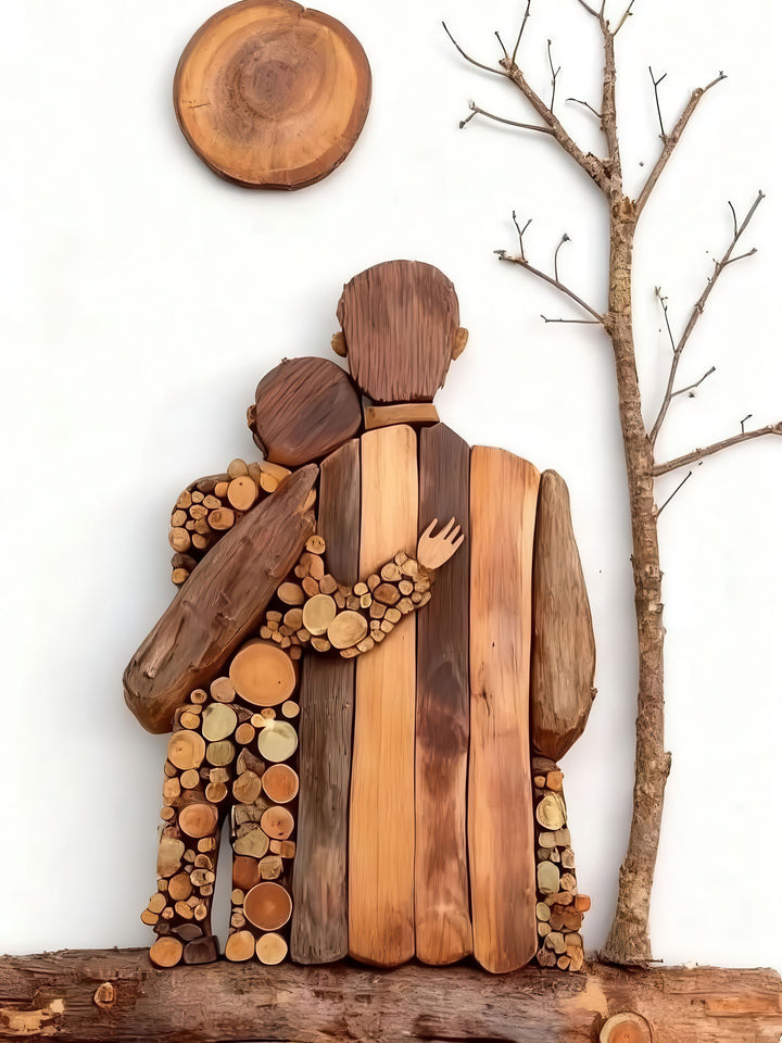 Rustic wooden family love art canvas with embracing silhouettes on natural wood background