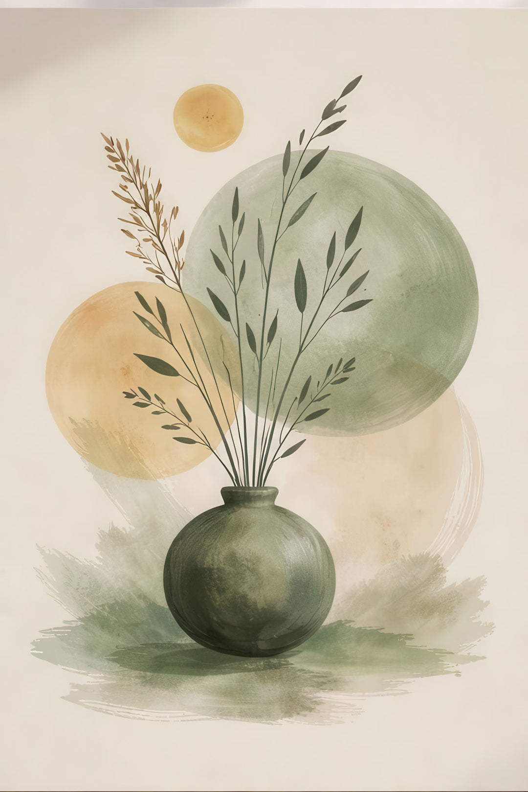 Minimalist botanical vase with delicate branches in green ceramic vase on watercolor canvas art