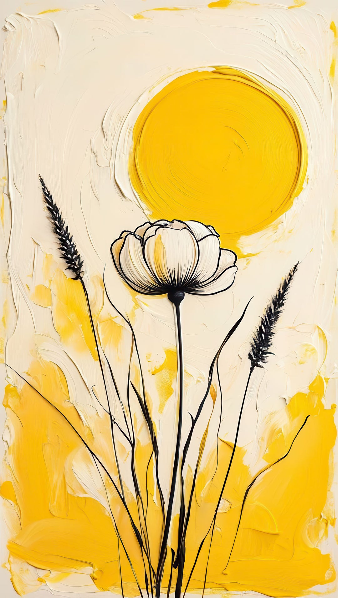 Modern yellow abstract flower canvas with wildflowers and golden sun in minimalist style