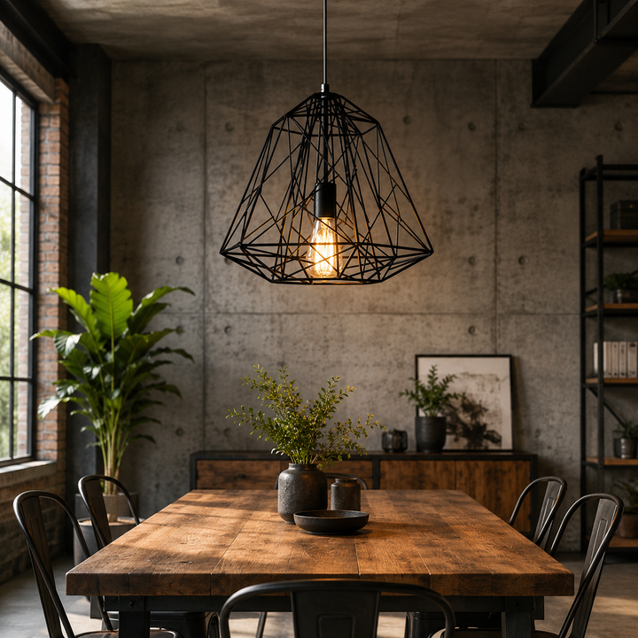 Industrial Pendant Light with Geometric Wireframe Design