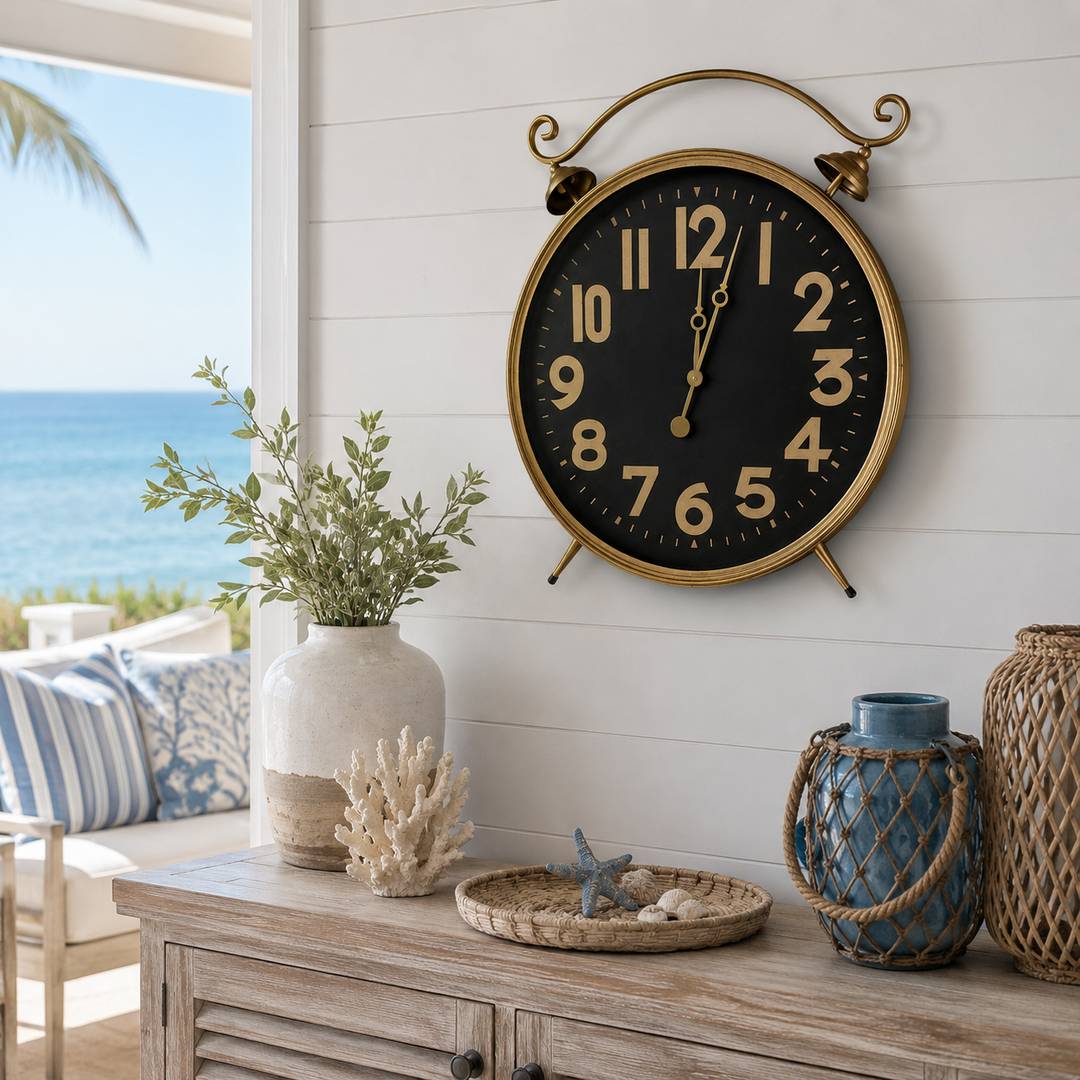 Vintage Industrial Round Wall Clock – Black & Antique Gold Metal
