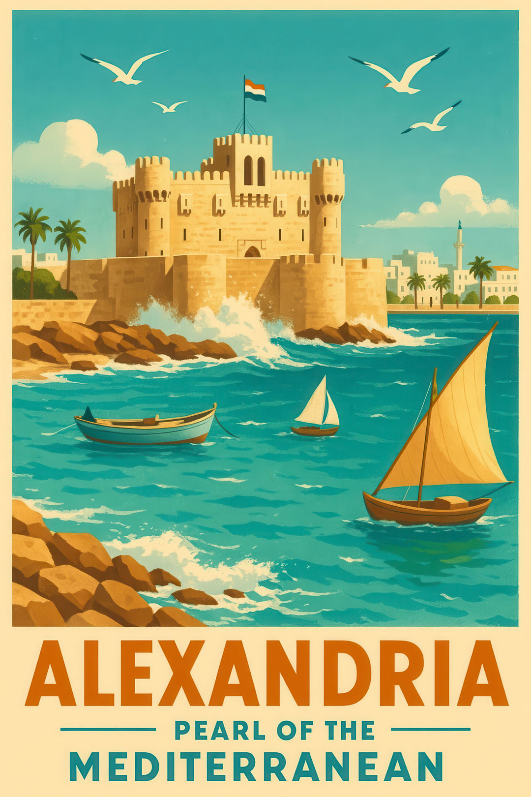 Alexandria vintage travel poster canvas featuring Qaitbay Citadel and Mediterranean coastline with sailing boats and seagulls