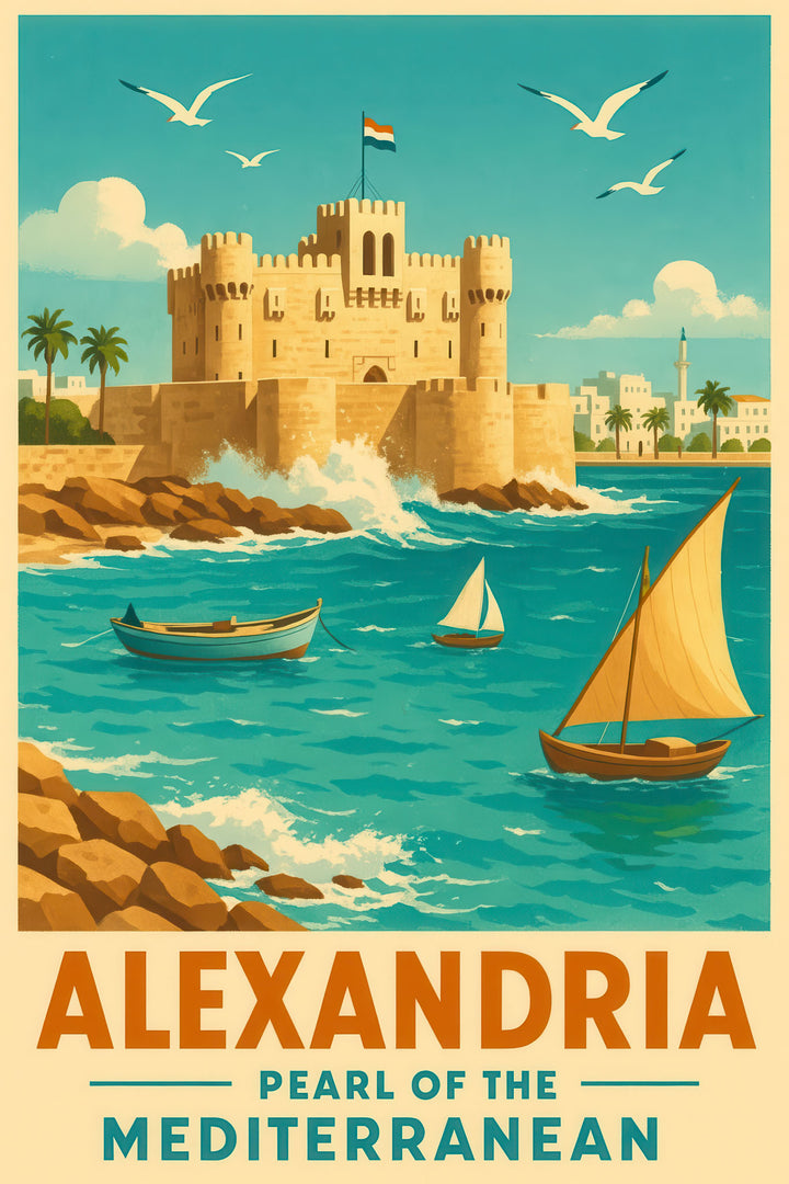 Alexandria vintage travel poster canvas featuring Qaitbay Citadel and Mediterranean coastline with sailing boats and seagulls