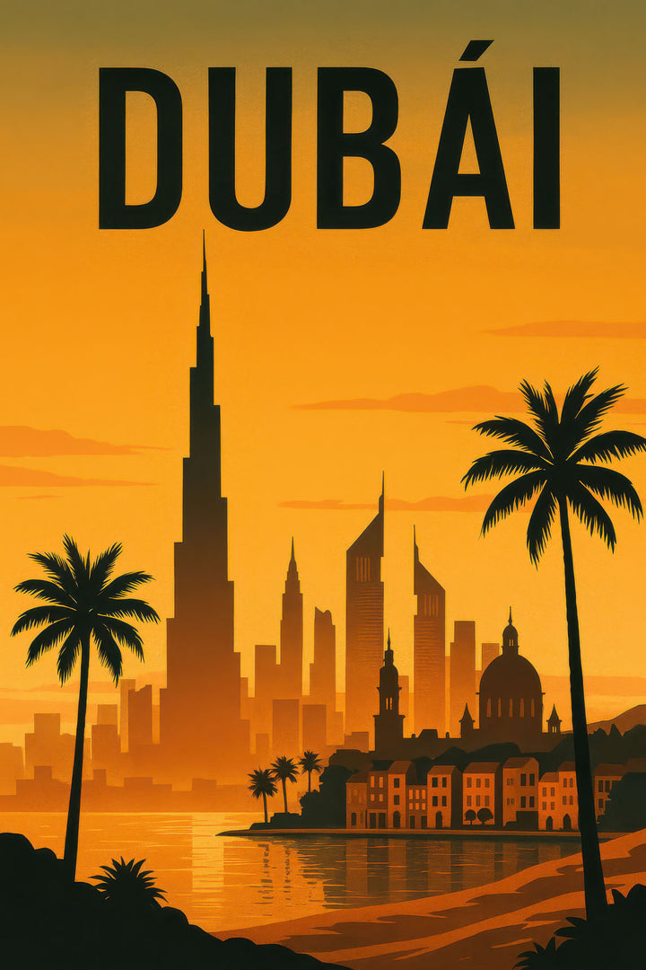 Dubai skyline sunset vintage canvas with Burj Khalifa and palm trees by waterfront