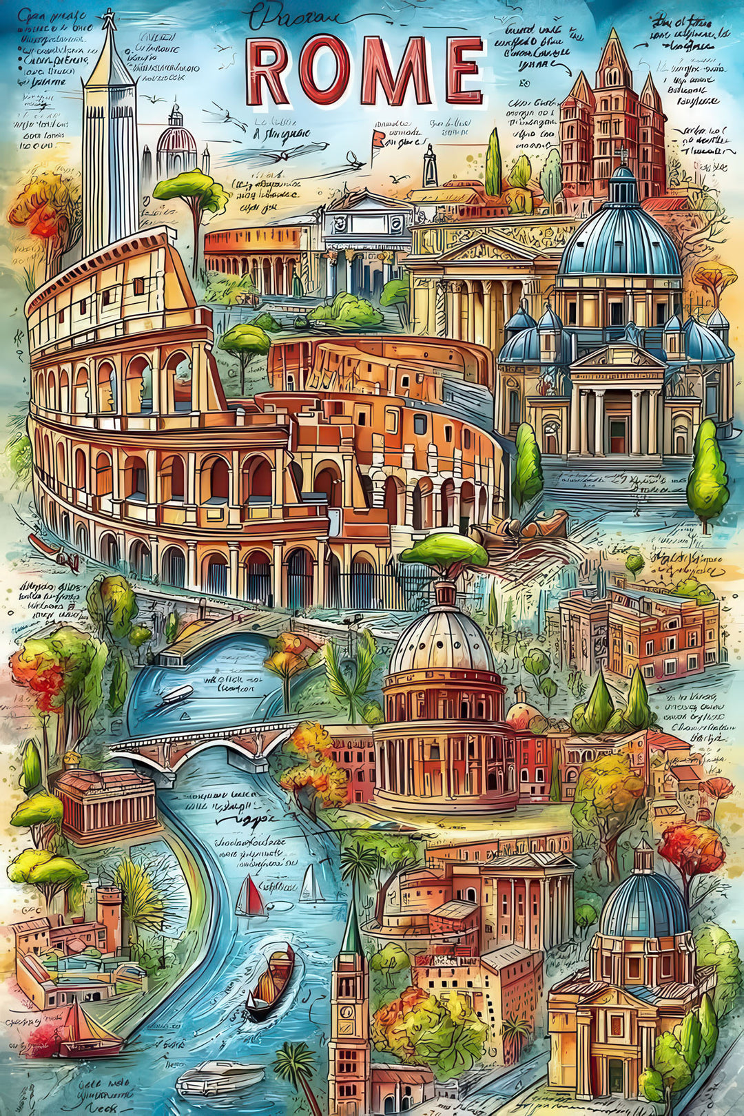 Vintage travel poster of Rome Italy landmarks on canvas with Colosseum and St. PeterÃƒÂ¢Ã¢â€šÂ¬Ã¢â€žÂ¢s Basilica
