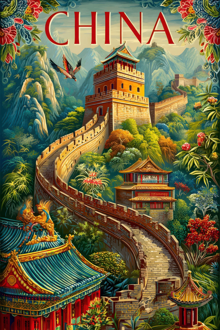Vintage travel poster of the Great Wall of China on canvas with colorful mountains and traditional temples