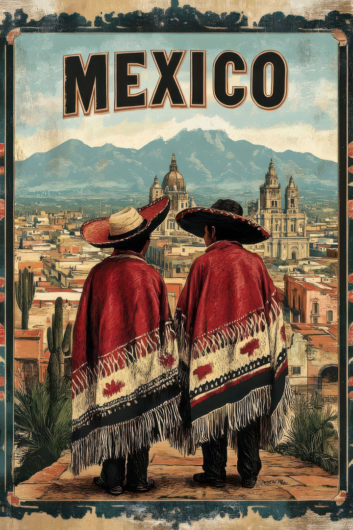 Mexico vintage travel poster canvas with traditional figures and historic cityscape on premium canvas
