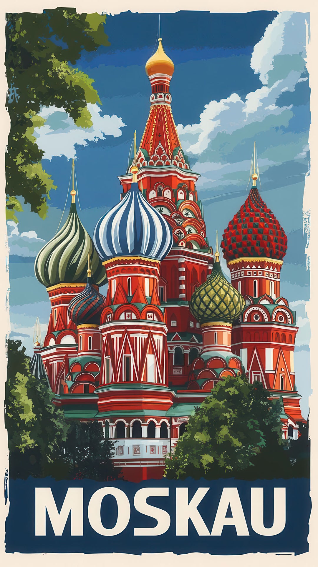 Vintage travel poster of Saint Basil Cathedral in Moscow with colorful onion domes on premium canvas