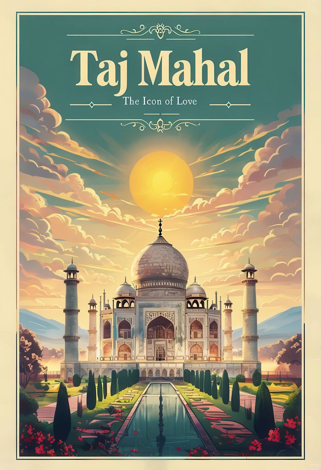 Vintage canvas artwork of Taj Mahal India with sunset and reflecting gardens
