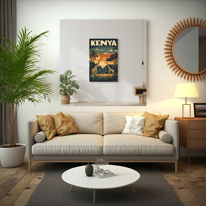 Kenya Safari vintage travel poster with giraffes and acacia trees at sunset on canvas
