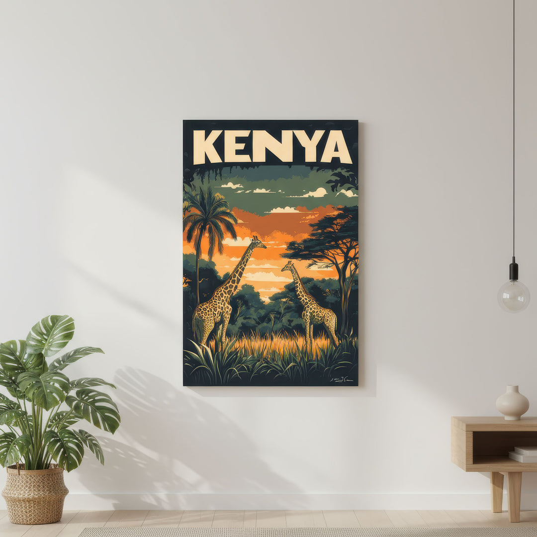 Kenya Safari vintage travel poster with giraffes and acacia trees at sunset on canvas