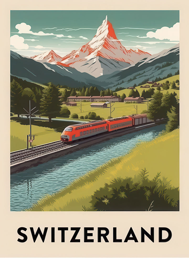 Vintage Switzerland alpine train traveling through scenic valleys with snow-capped mountains on canvas