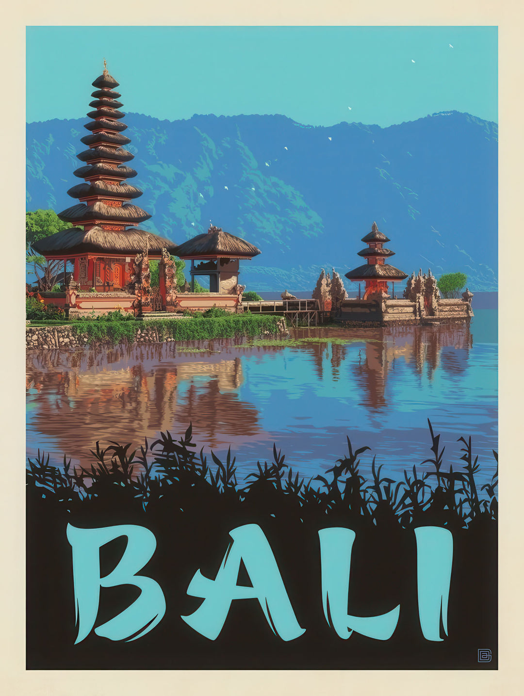 Bali Indonesia vintage travel poster canvas with traditional temple and tropical mountains