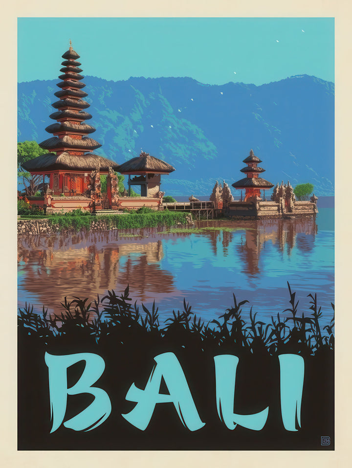 Bali Indonesia vintage travel poster canvas with traditional temple and tropical mountains