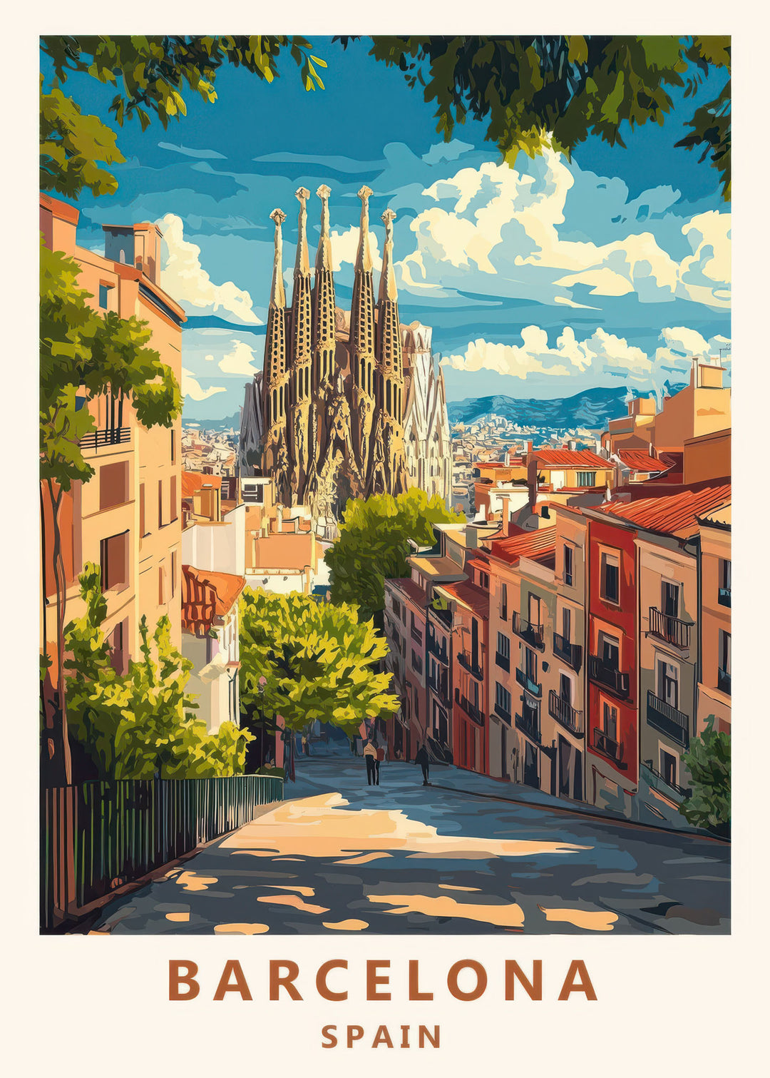 Vintage travel poster of Barcelona Spain Sagrada Familia on canvas with vibrant streets and Mediterranean sunlight