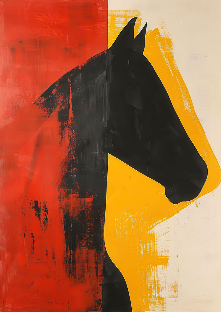 Abstract horse silhouette on modern canvas with red and yellow blocks, minimalist wall art