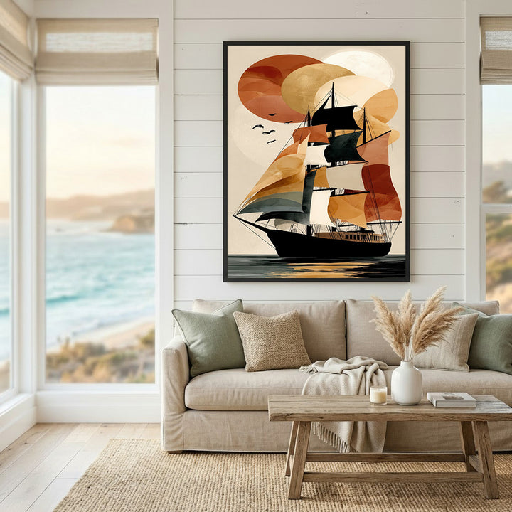 Abstract Sailing Ship Sunset Canvas Wall Art