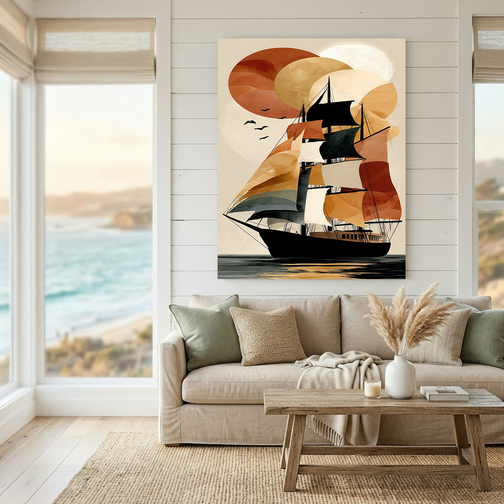 Abstract sailing ship artwork with geometric sun and warm sunset tones on canvas