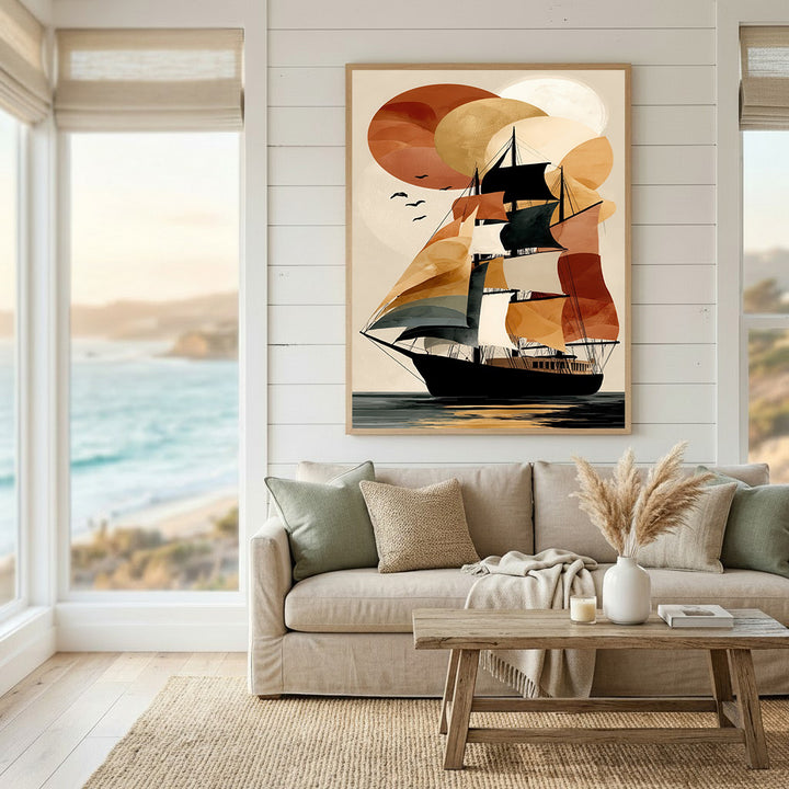 Abstract Sailing Ship Sunset Canvas Wall Art