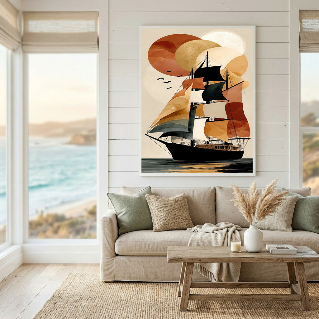 Abstract Sailing Ship Sunset Canvas Wall Art