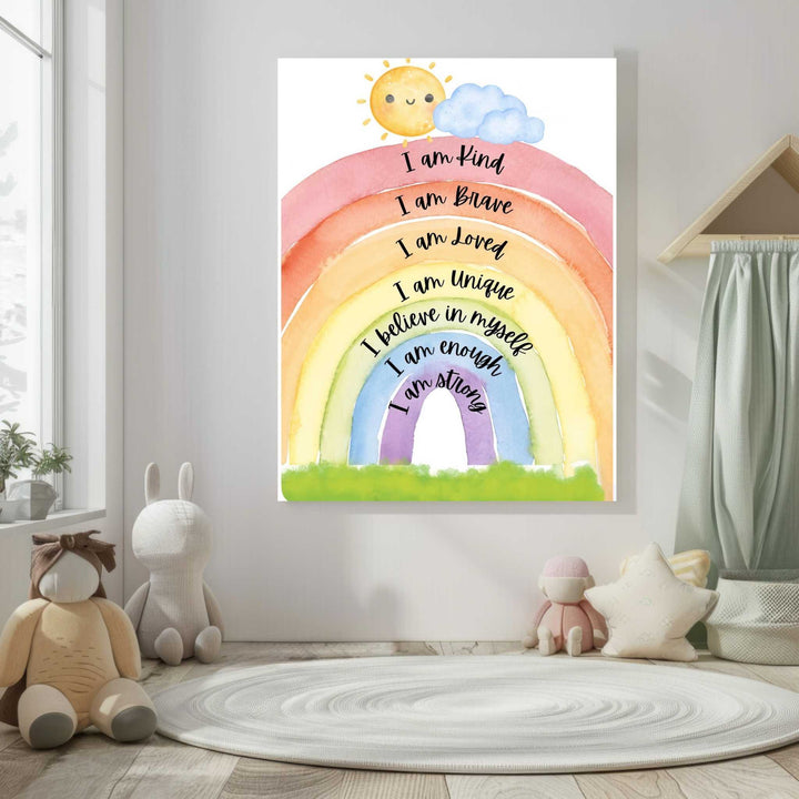 Kids positive affirmations rainbow canvas wall art with uplifting phrases and colorful watercolor design