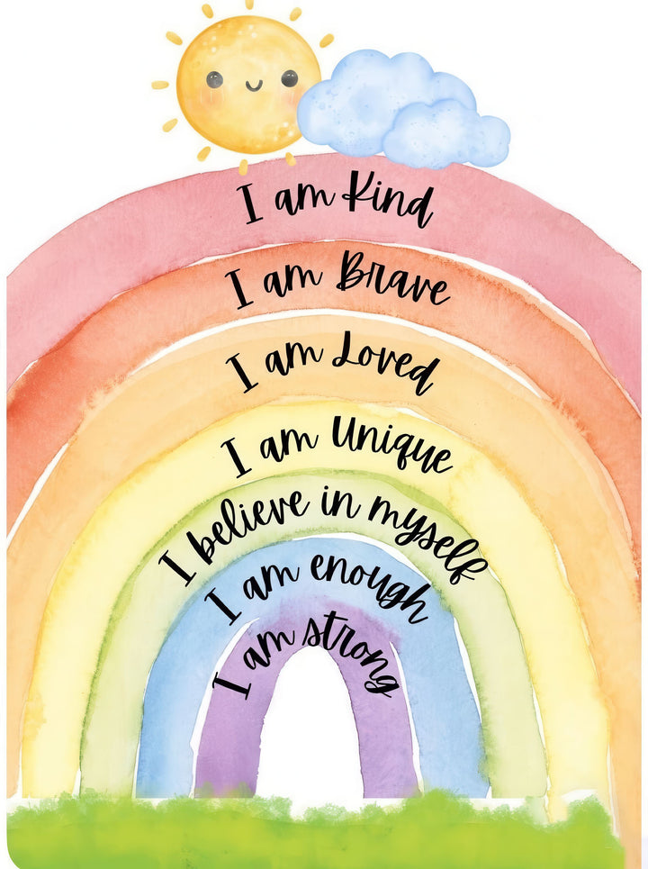 Kids positive affirmations rainbow canvas wall art with uplifting phrases and colorful watercolor design