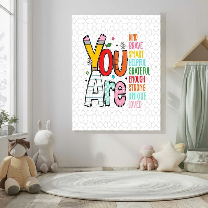 Kids You Are Positive Words Canvas Wall Art with colorful motivational words framed in MDF and glass