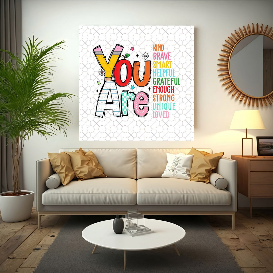 Kids You Are Positive Words Canvas Wall Art with colorful motivational words framed in MDF and glass
