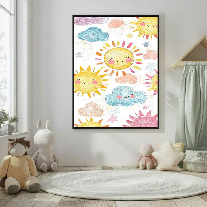Kids Happy Sun and Clouds Canvas Wall Art