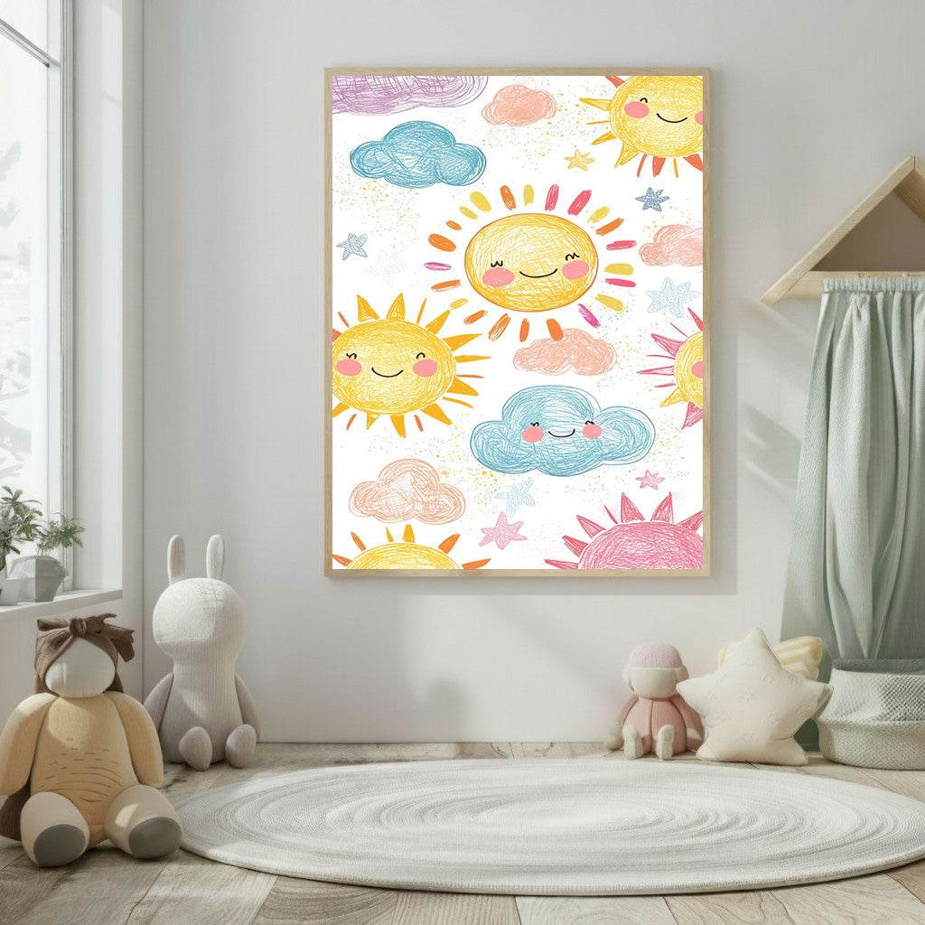 Kids Happy Sun and Clouds Canvas Wall Art