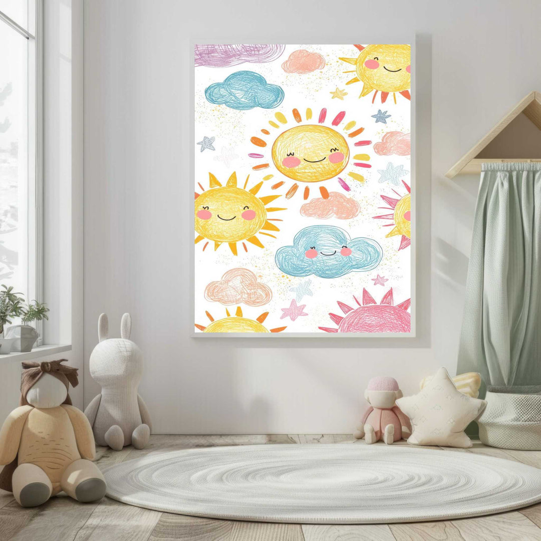 Kids Happy Sun and Clouds Canvas Wall Art