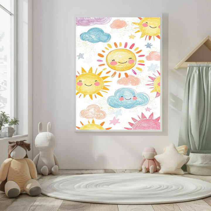 Kids Happy Sun and Clouds Canvas Wall Art