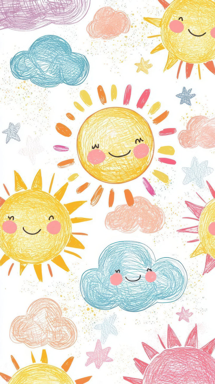 Kids Happy Sun and Clouds Canvas Wall Art with smiling suns, fluffy clouds, and colorful stars in a cheerful hand-drawn style