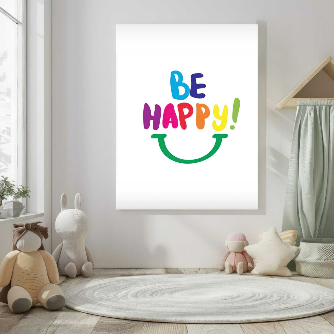 Be Happy Gallery Wall Art with colorful rainbow typography and smiley face on minimalist canvas
