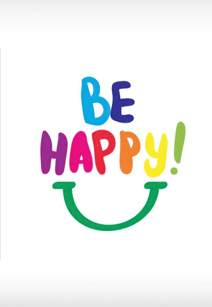 Be Happy Gallery Wall Art with colorful rainbow typography and smiley face on minimalist canvas