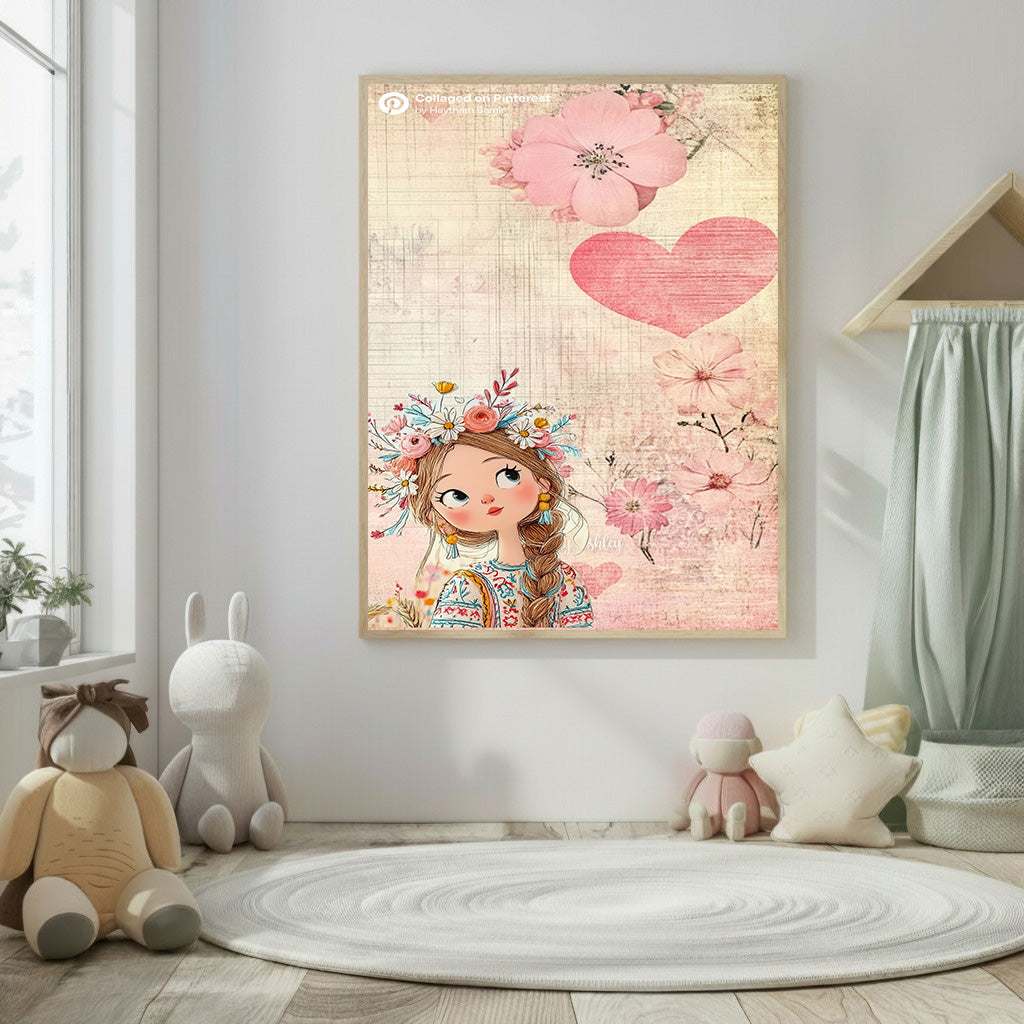 Floral Girl Nursery canvas wall art with sweet girl, floral crown, soft pink flowers, and pastel tones