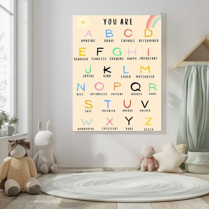 Kids positive alphabet affirmations colorful canvas wall art with uplifting qualities on MDF frame