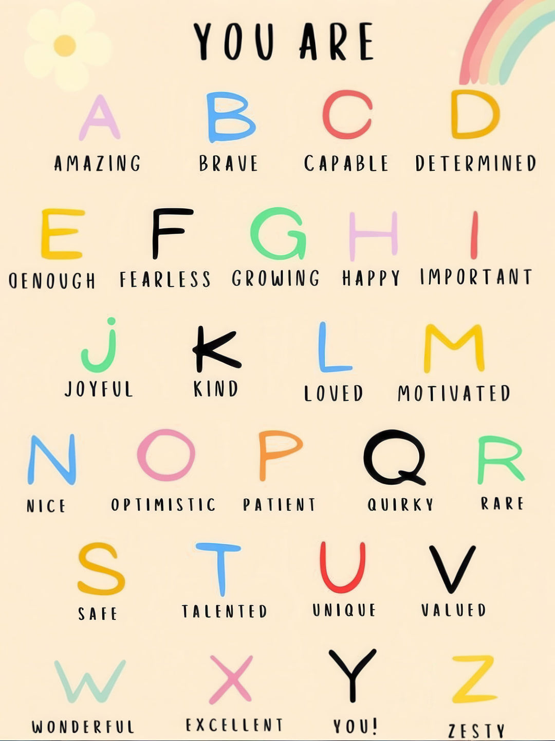 Kids positive alphabet affirmations colorful canvas wall art with uplifting qualities on MDF frame