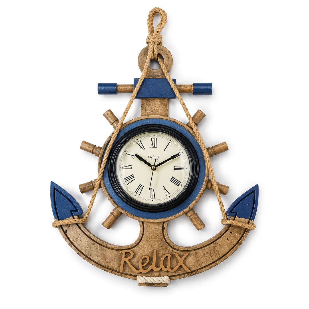 Nautical anchor wall clock with ship wheel design, natural wood, rope details, blue accents, and Roman numerals for coastal décor