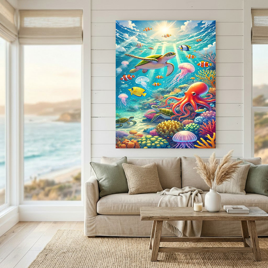 Colorful ocean animals canvas wall art featuring sea turtle, fish, jellyfish, coral, and octopus in vibrant underwater scene