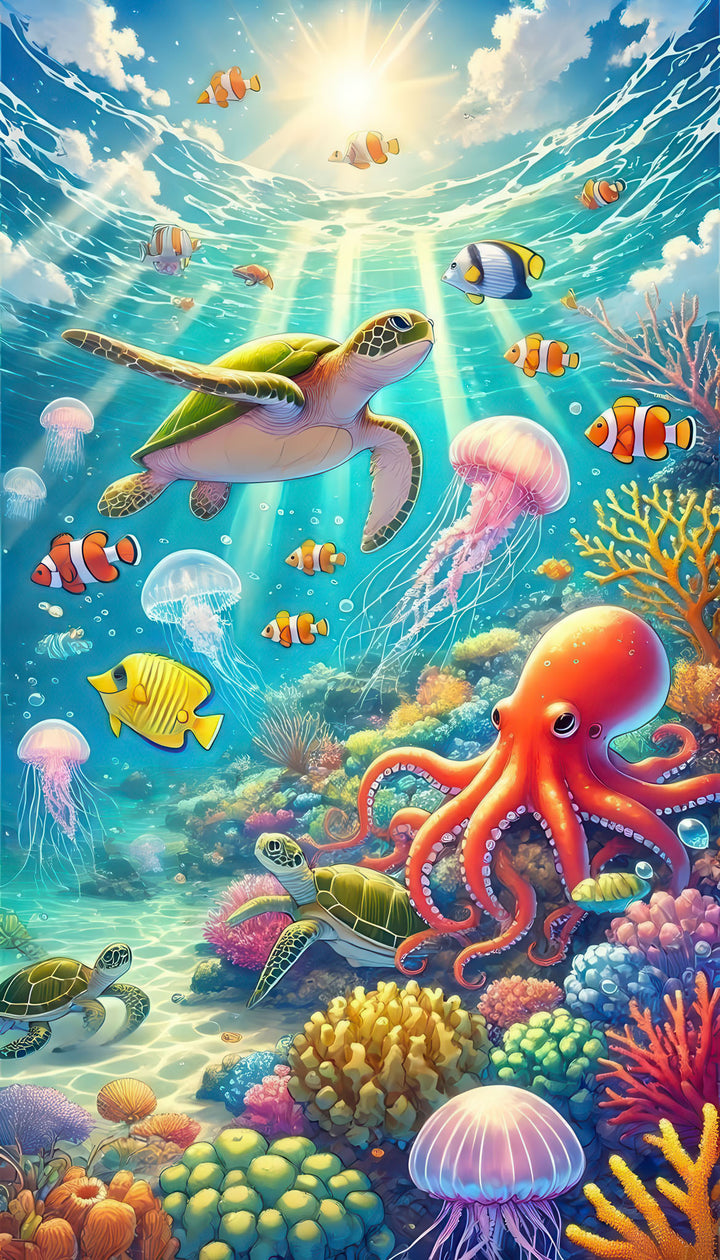 Colorful ocean animals canvas wall art featuring sea turtle, fish, jellyfish, coral, and octopus in vibrant underwater scene