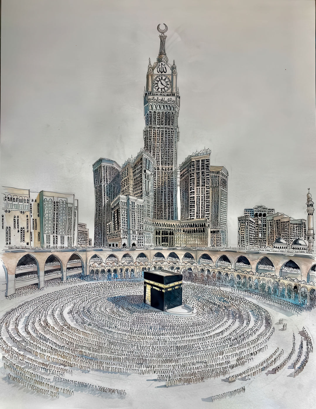 Kaaba Mecca Islamic canvas wall art showing Holy Kaaba and Abraj Al Bait clock tower with worshippers in Masjid al-Haram